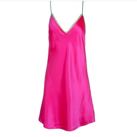 NWT Dannijo Acid Pink Lace-Trim Mini Slip Dress, Silk, Size Small - Picture 4 of 14